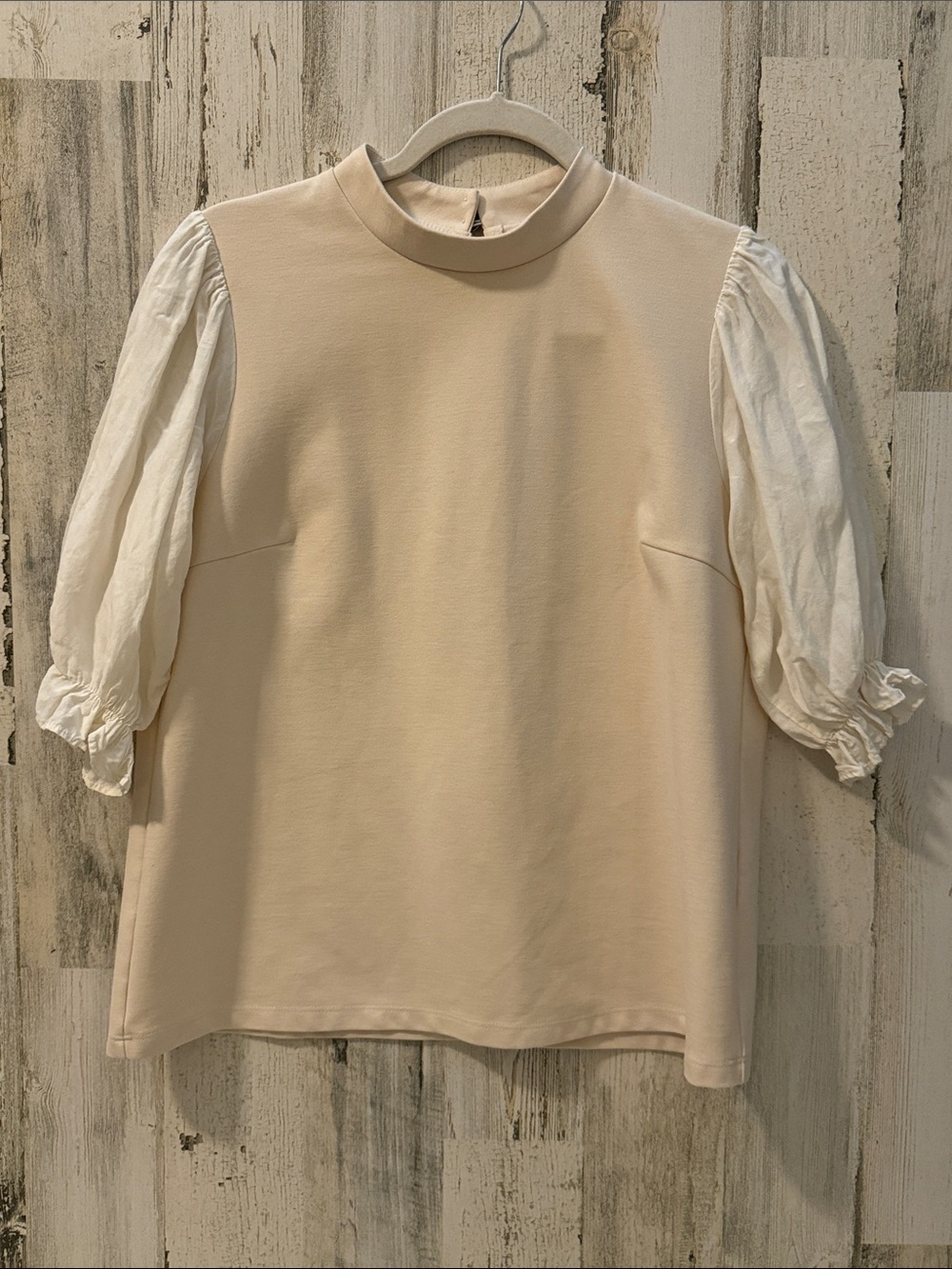 Saint + Sofia Penny Cream White Mock Neck Gathered Puff 3/4” Sleeve Top 8